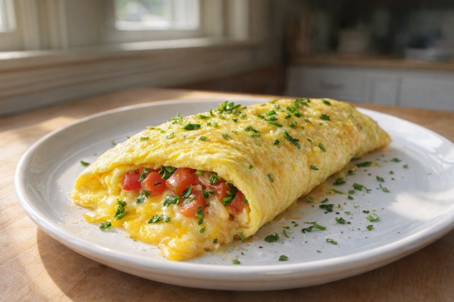 A perfectly folded omelette on a white plate, filled with melted cheese, diced tomatoes, and fresh herbs, illuminated by bright, natural window light